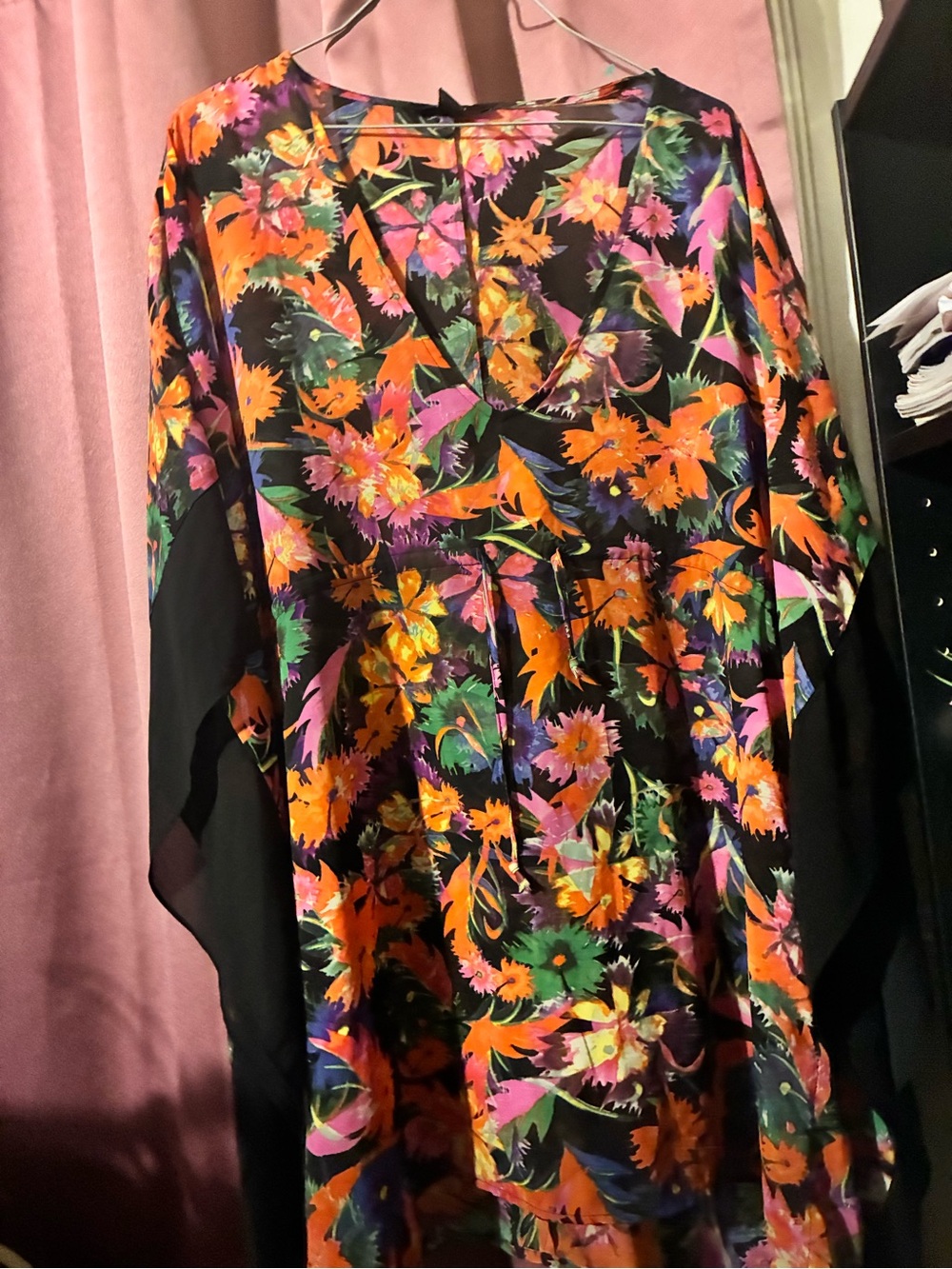 Forever 21 Floral V-Neck Women’s poncho in Black with Orange & Pink Accents